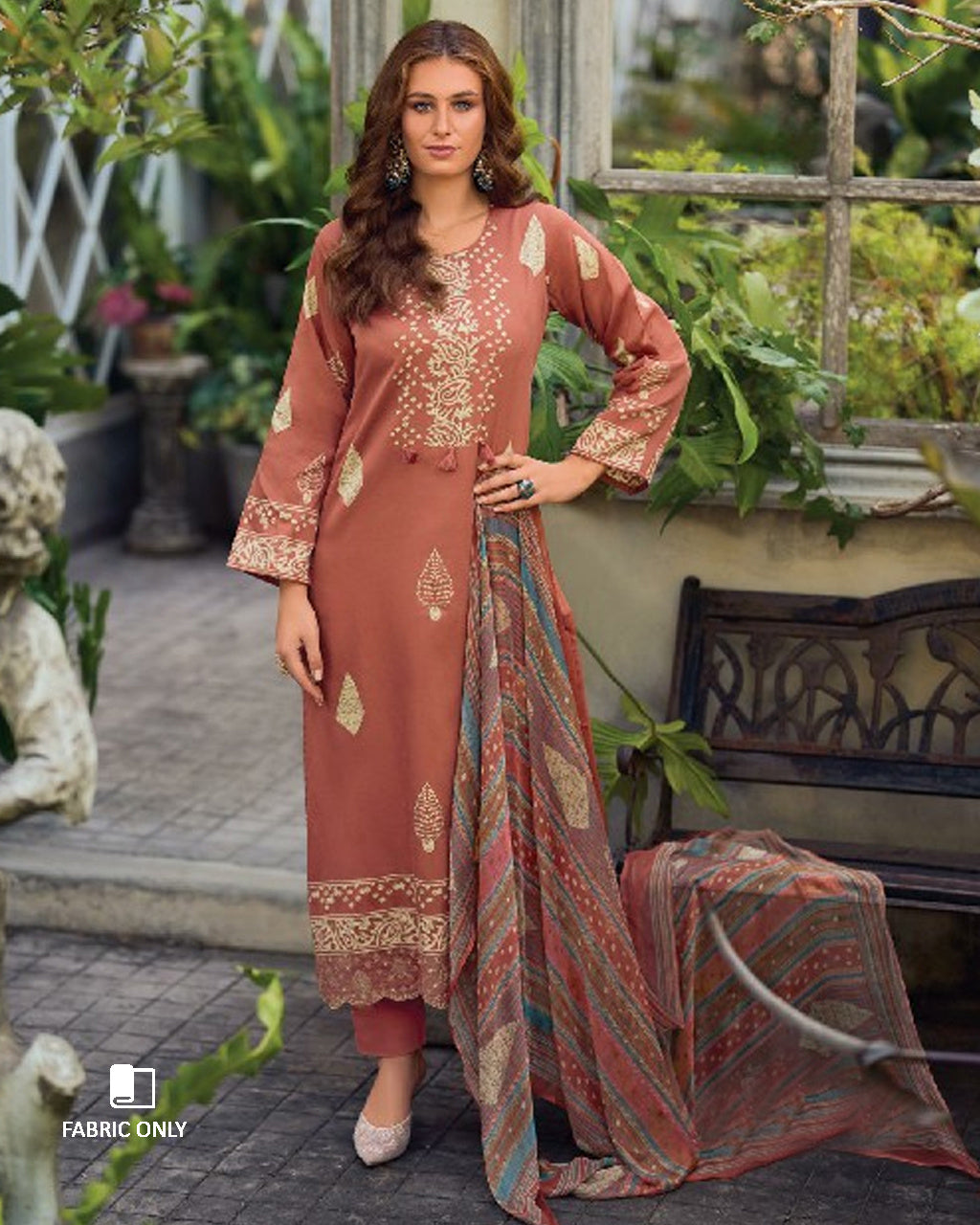 Deep Chestnut Brown Jam Cotton & Bemberg Chiffon Unstitched Dress Material