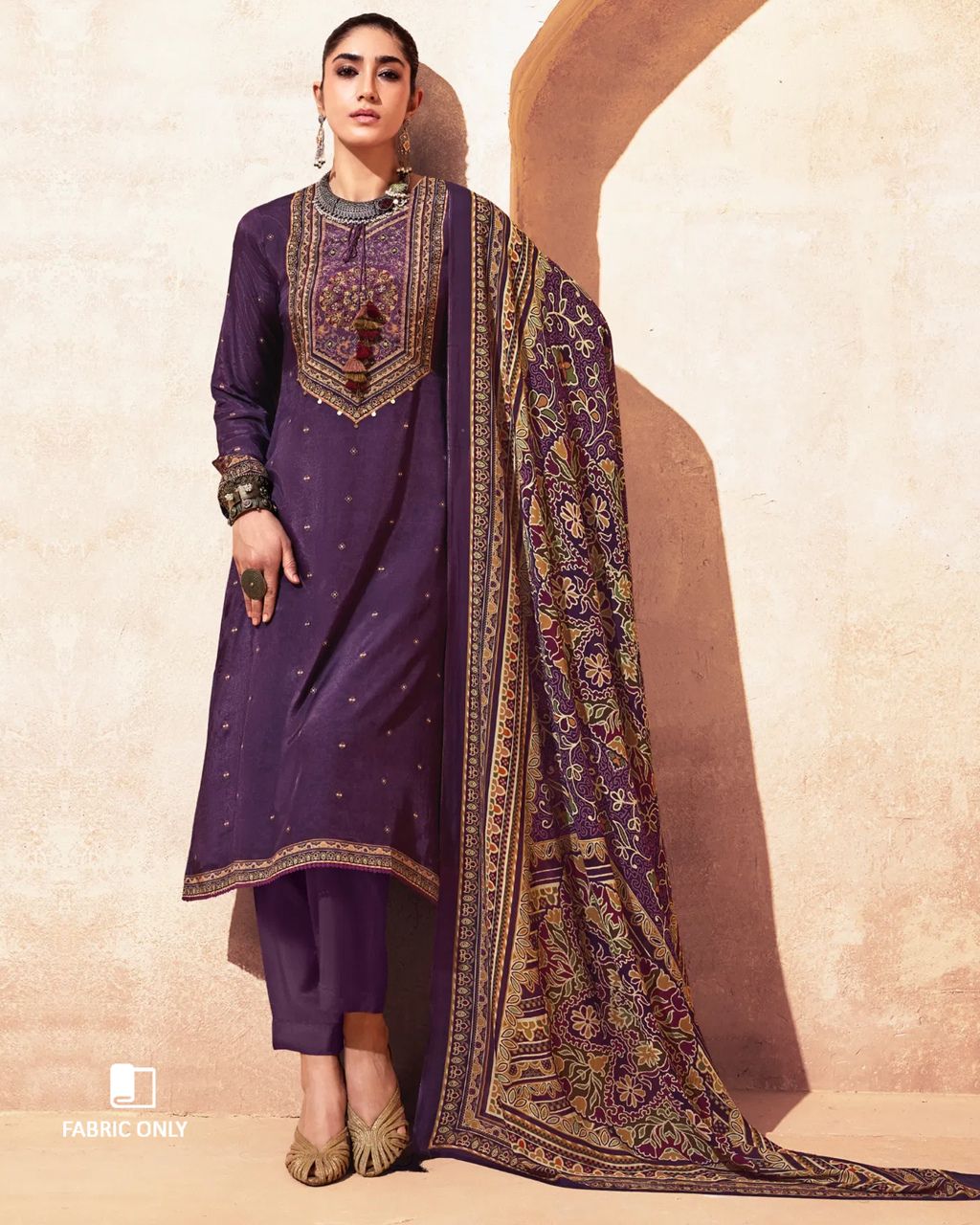 Berry Wine Purple Bemberg Muslin Silk Khatli Embellished Regal Set