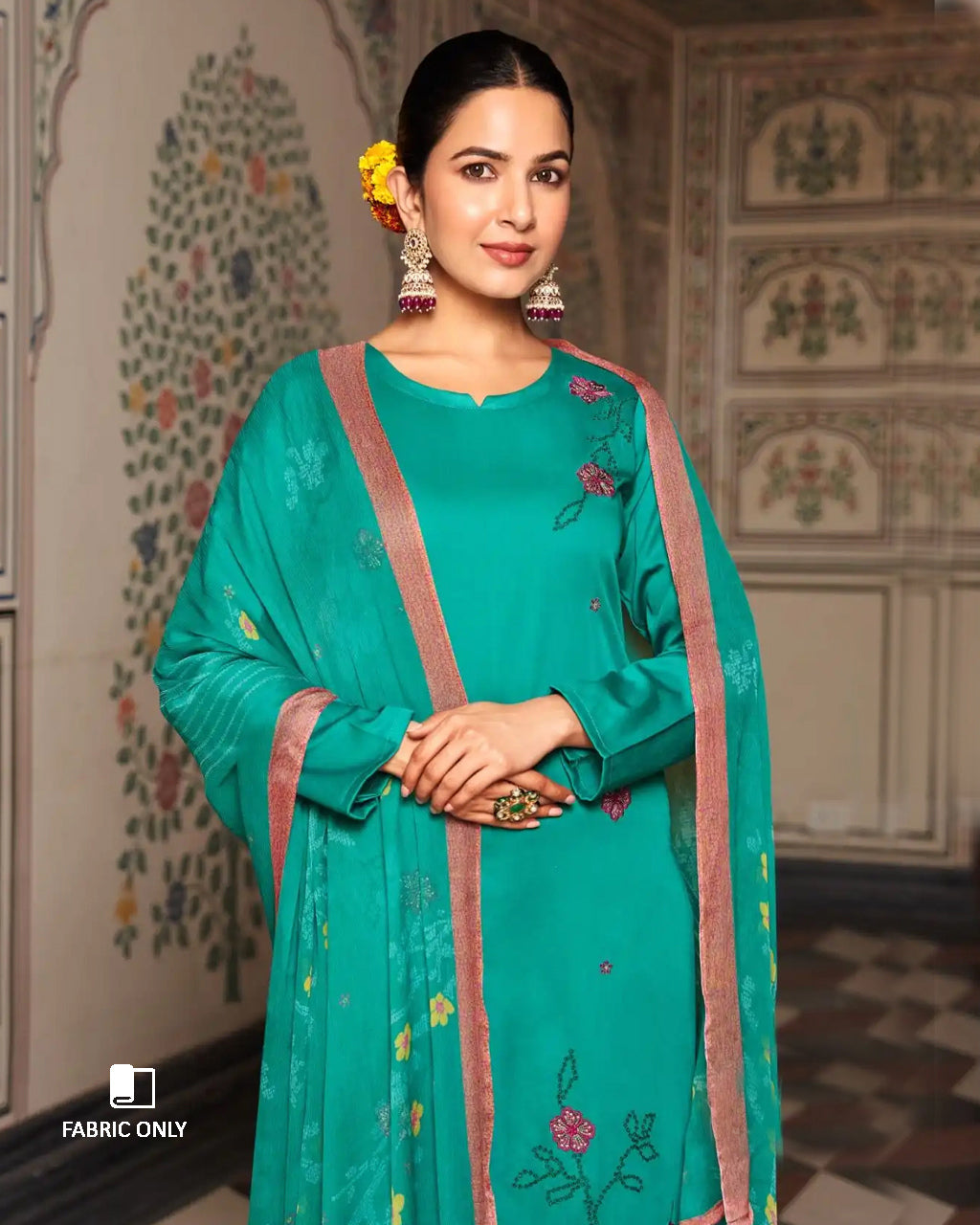 Billiard Green Blue Jam Satin with Bemberg Dupatta Unstitched Dress Material