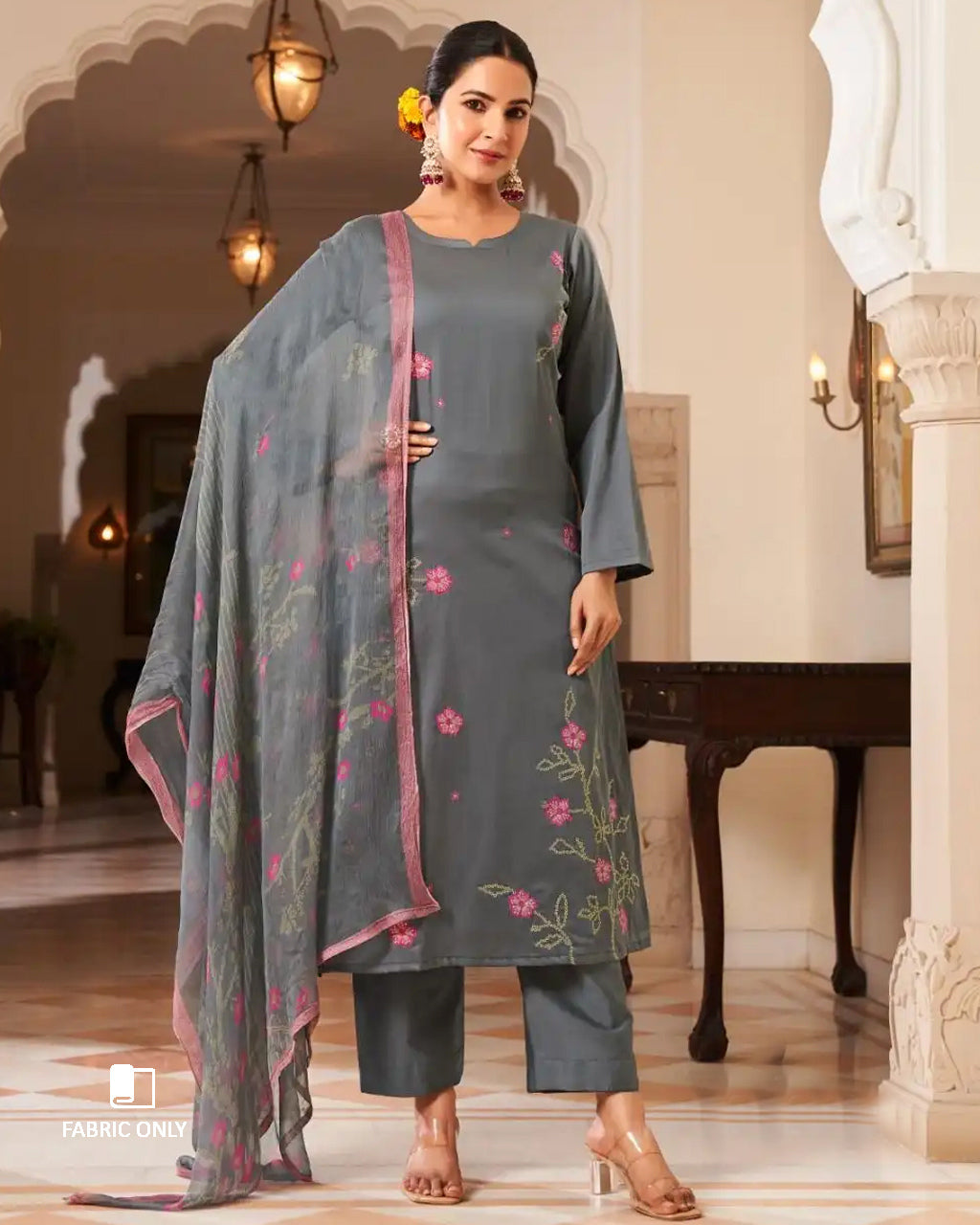 Cloudy Grey Jam Satin with Bemberg Dupatta Unstitched Dress Material