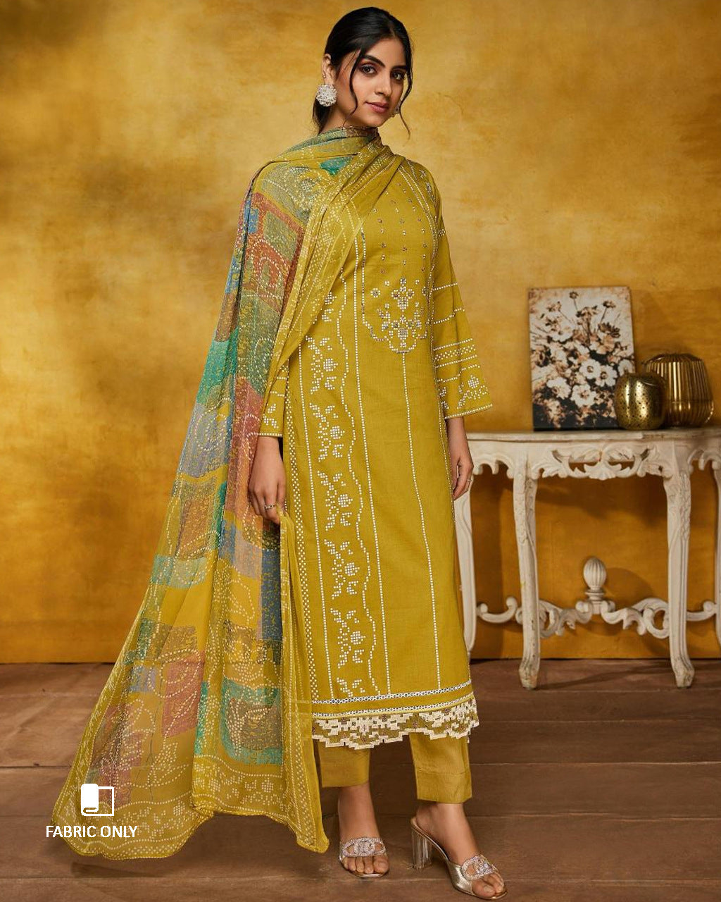 Sheen Gold Cambric Cotton Digital Print Unstitched Dress Material
