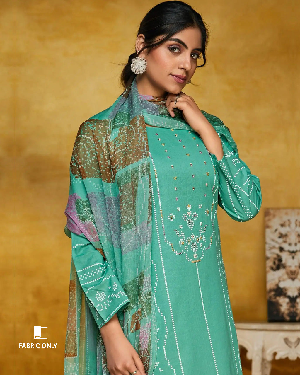 Verdigris Blue Cambric Cotton Digital Print Unstitched Dress Material