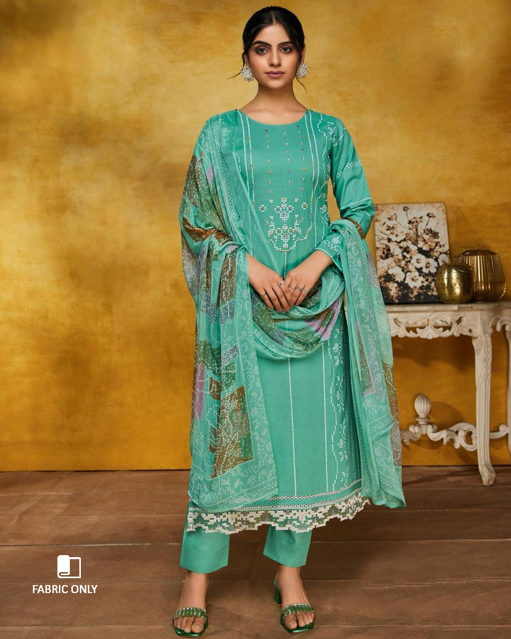 Verdigris Blue Cambric Cotton Digital Print Unstitched Dress Material