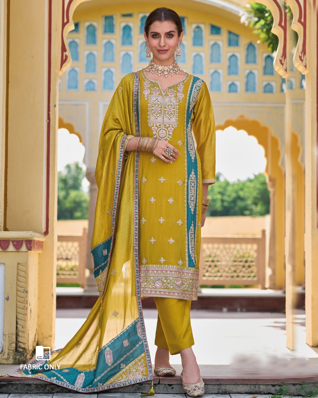 Main Mast Gold Heavy Embroidery Work Silk Unstitched Dress Material