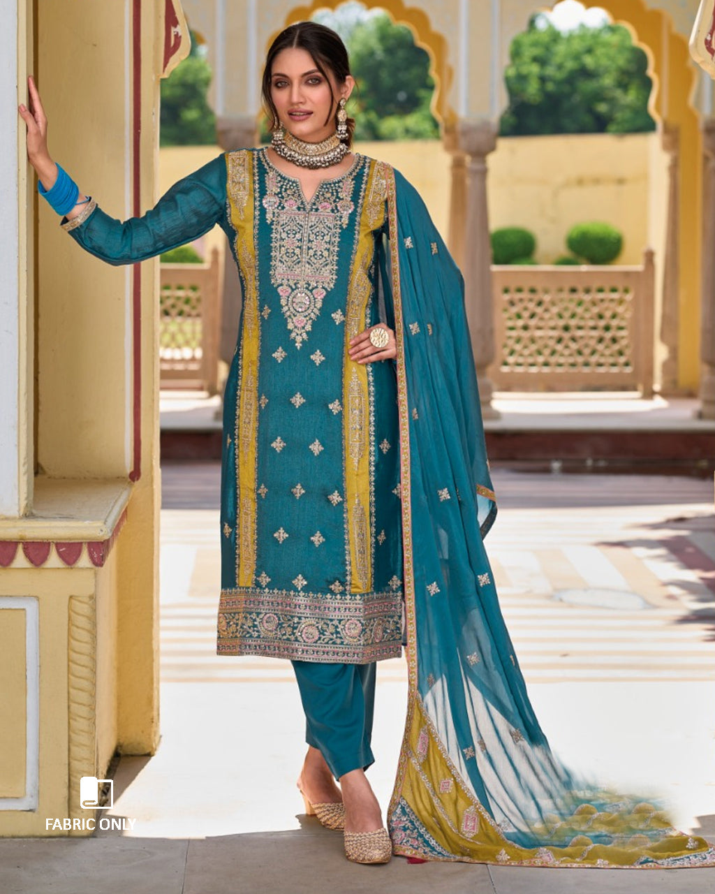 Biscay Bay Blue Heavy Embroidery Work  Silk Unstitched Dress Material