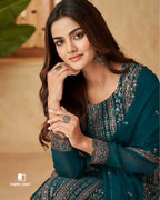 Roof Tile Green Art Silk Embroidery Work Unstitched Dress Material