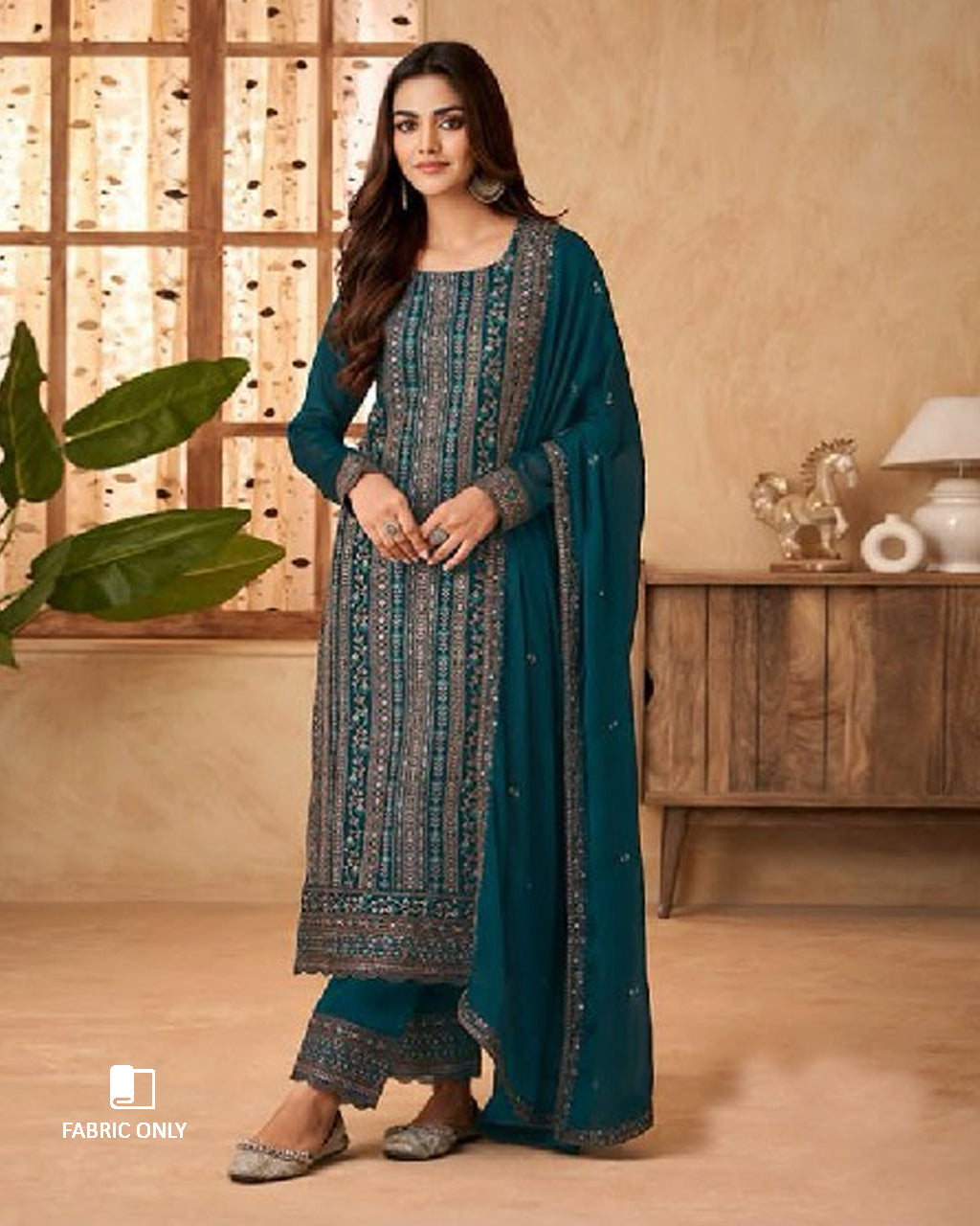 Roof Tile Green Art Silk Embroidery Work Unstitched Dress Material