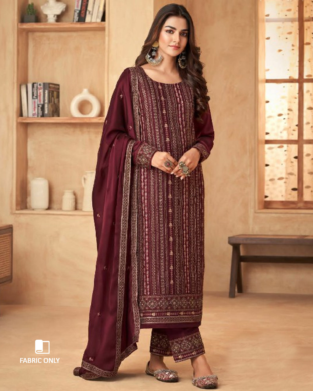 Maroon Oak Classic Beauty Art Silk Unstitched Dress Material With Embroidery Work
