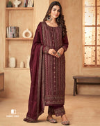 Maroon Oak Classic Beauty Art Silk Unstitched Dress Material With Embroidery Work