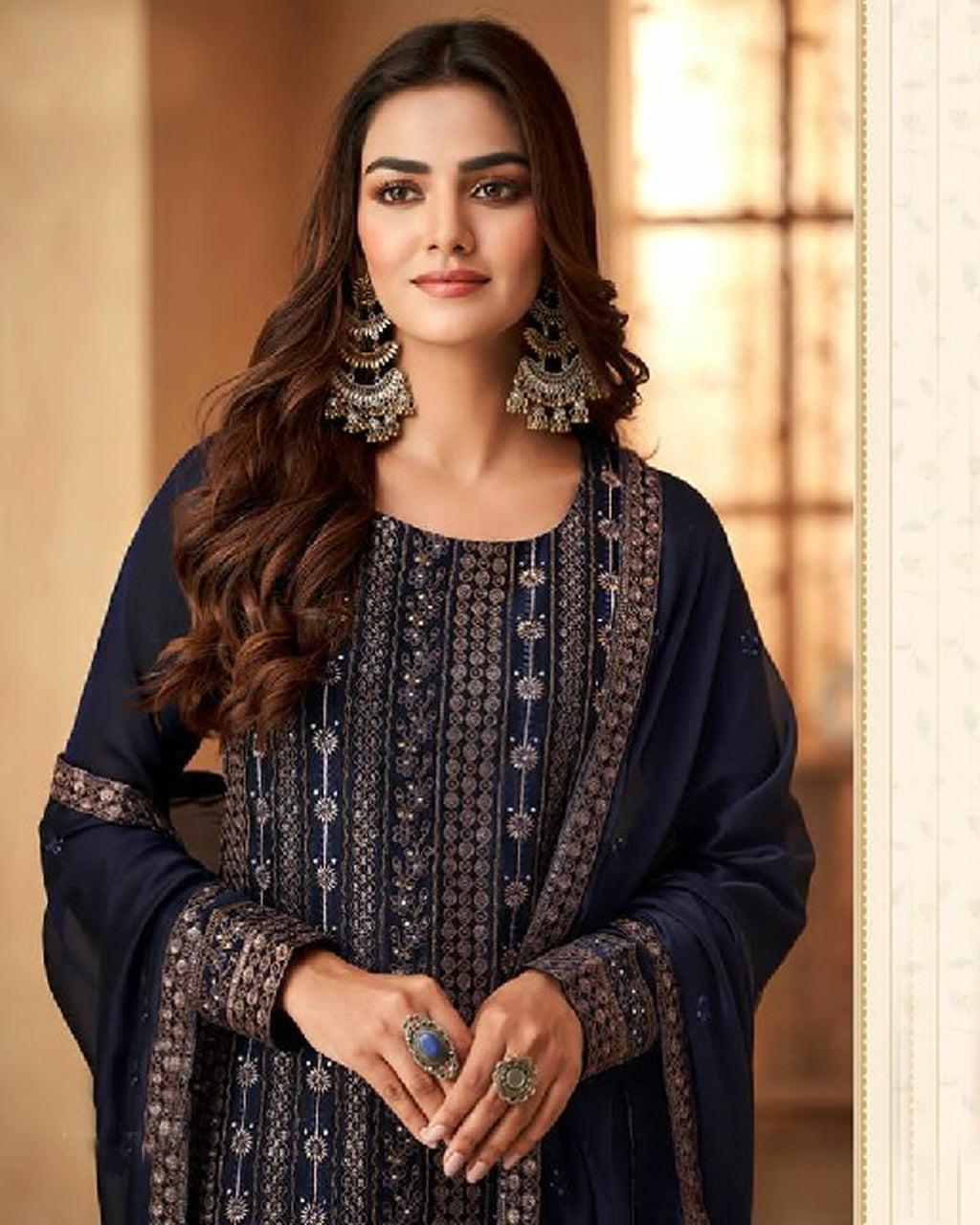 Oxford Blue Art Silk Embroidered Regal Elegance