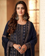 Oxford Blue Art Silk Embroidered Regal Elegance