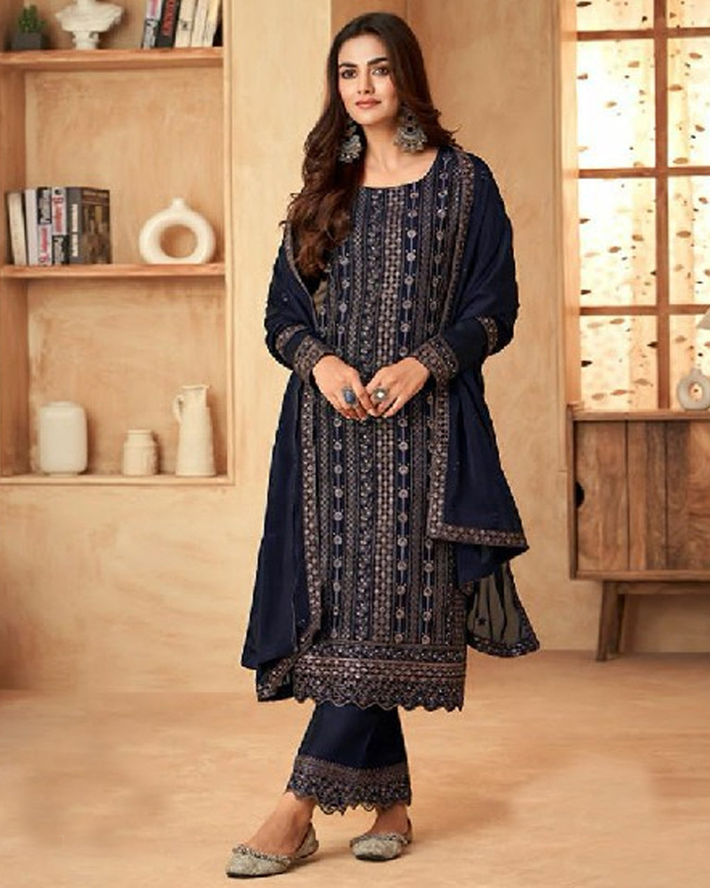 Oxford Blue Art Silk Embroidered Regal Elegance