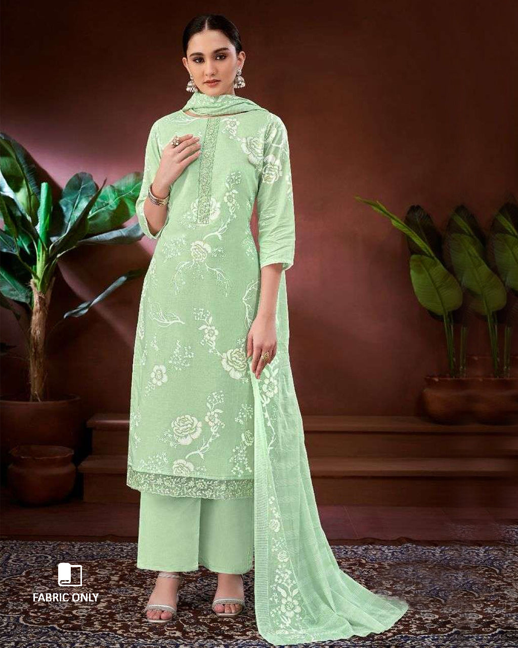 Glaucous Green Lawn Cotton Unstitched Dress Material
