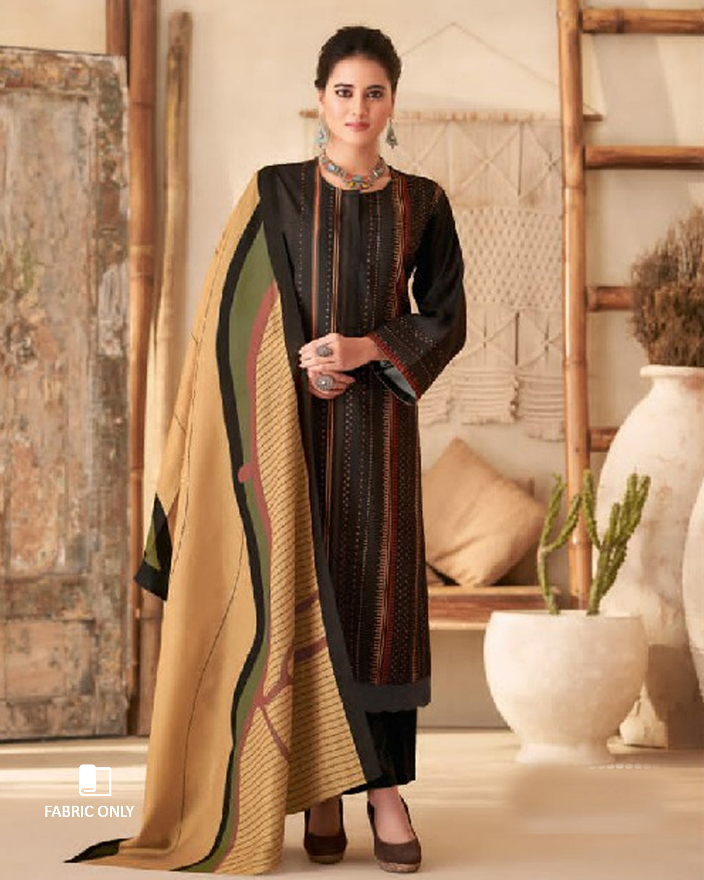 Weathervane Black Digital Printed Pashmina Unstitched Dress Material