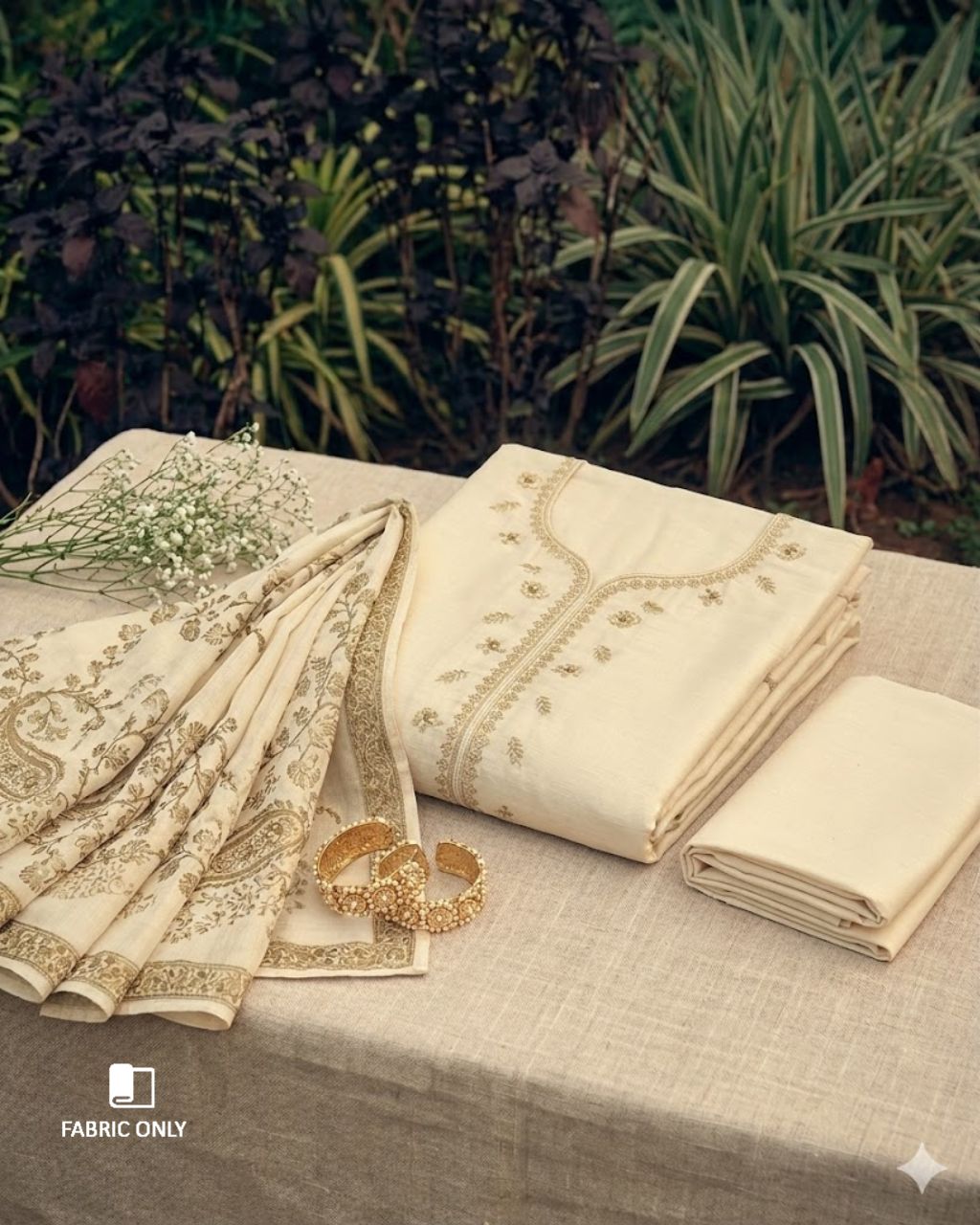 Dairy Cream Beige Viscose Linen Khatli Crafted Elegance Set