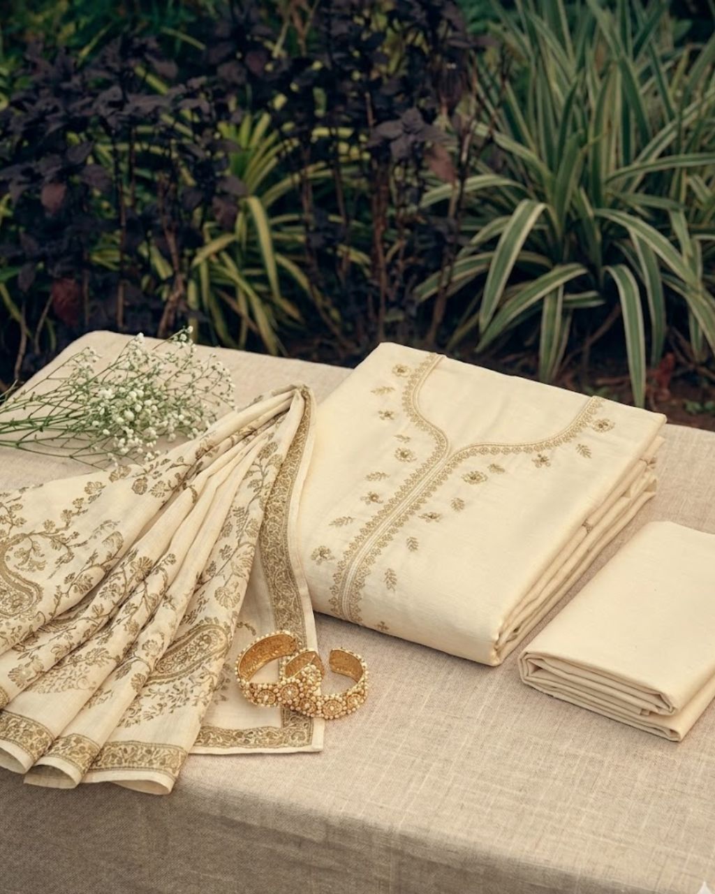 Dairy Cream Beige Viscose Linen Khatli Crafted Elegance Set