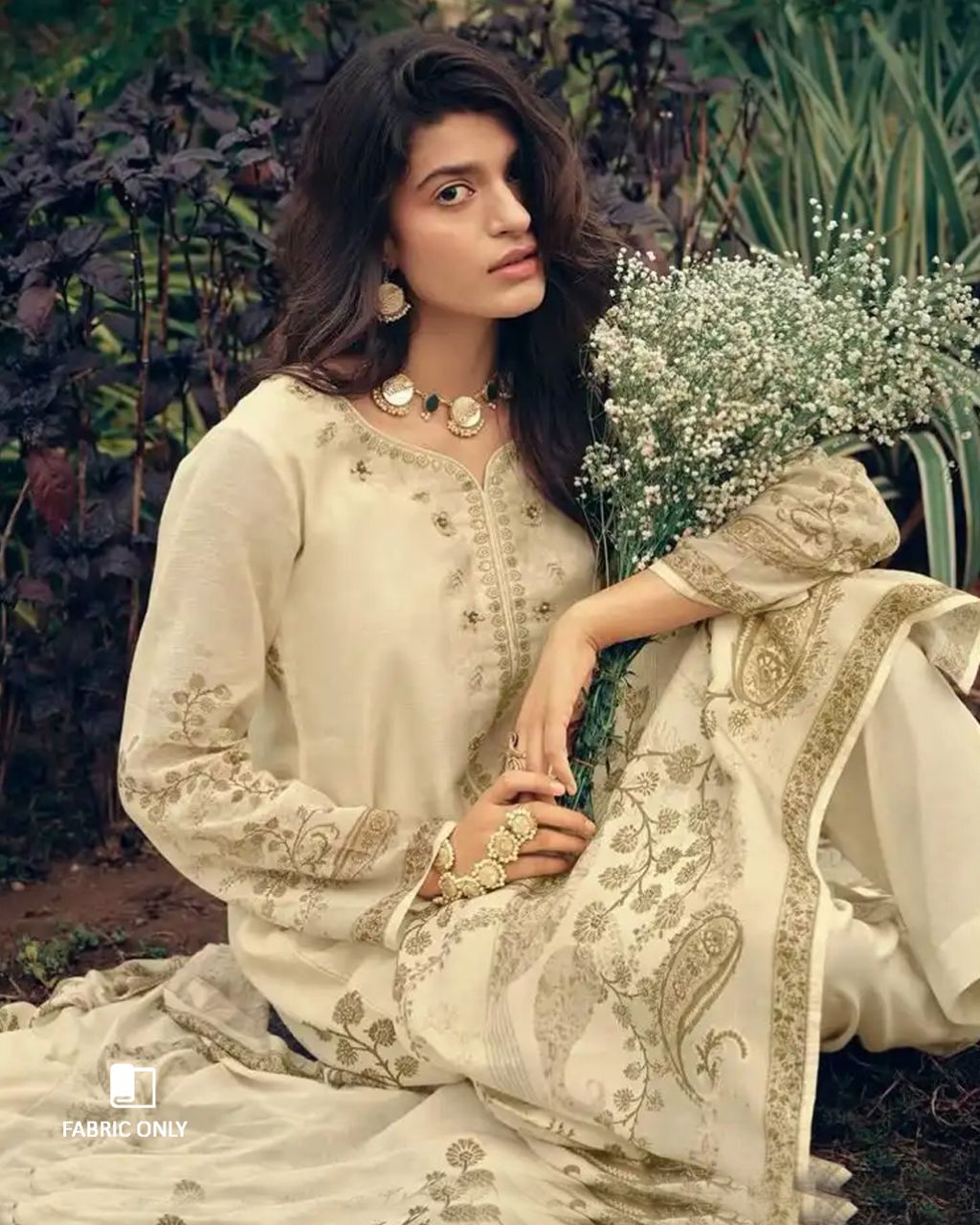 Dairy Cream Beige Viscose Linen Khatli Crafted Elegance Set