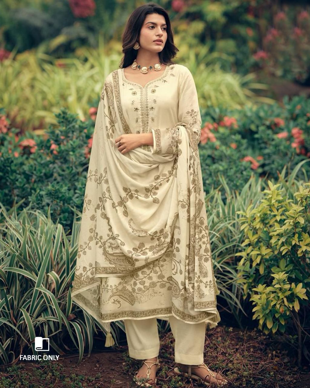 Dairy Cream Beige Viscose Linen Khatli Crafted Elegance Set