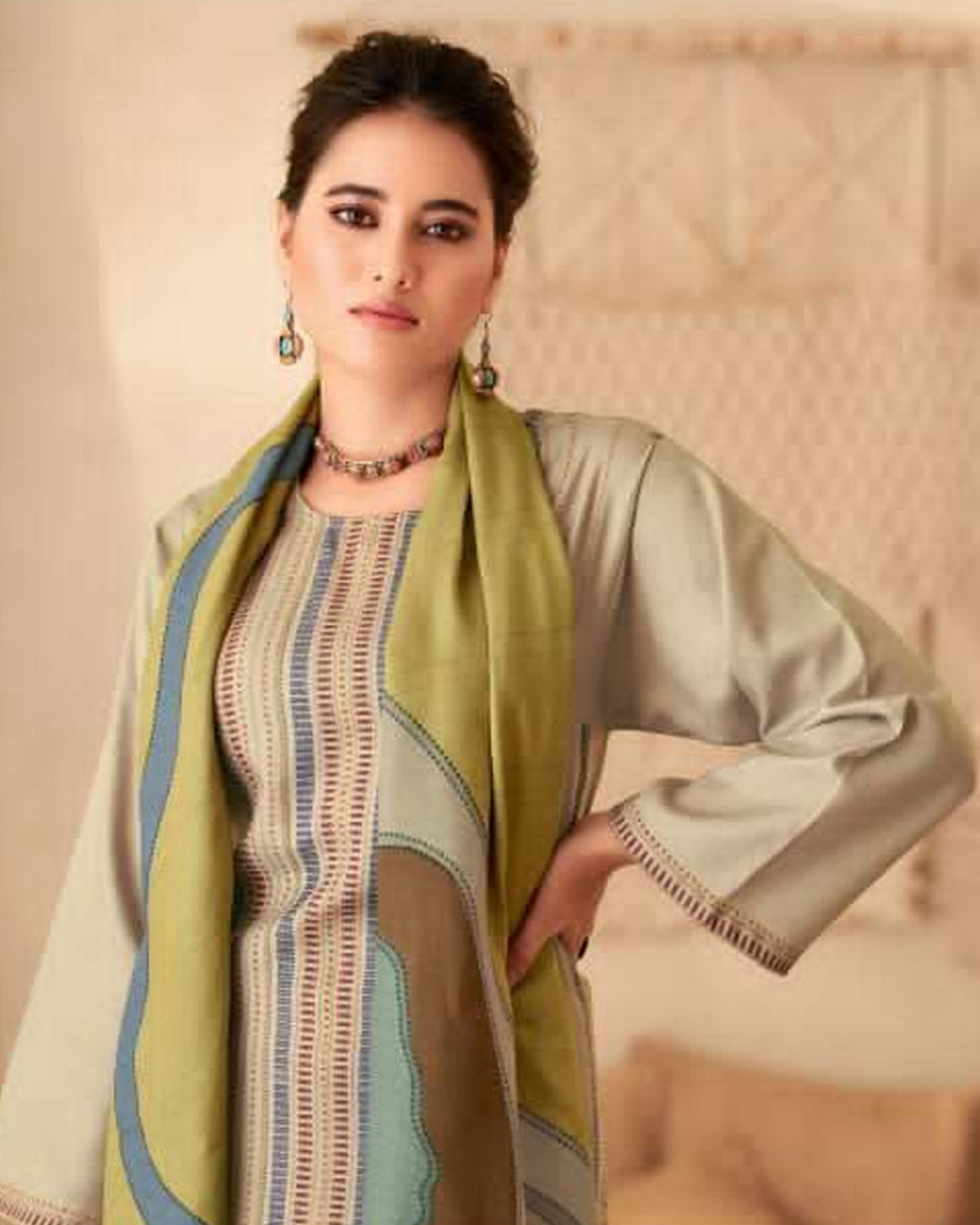 Almond Latte Beige Digital Printed Pashmina Unstitched Dress Material