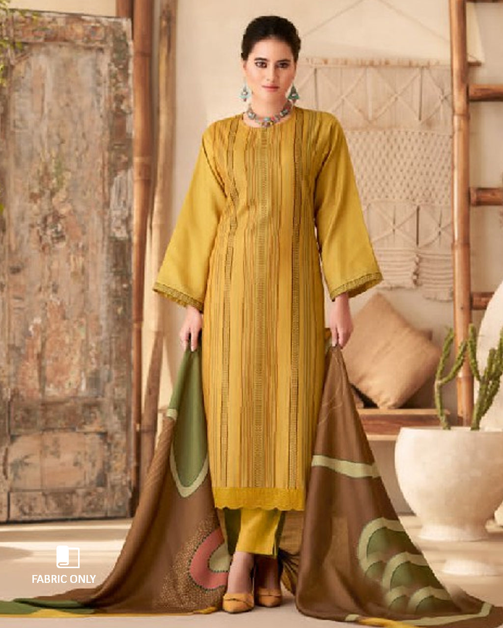 Indian Yellow Digital Printed Pashmina Unstitched Dress Material