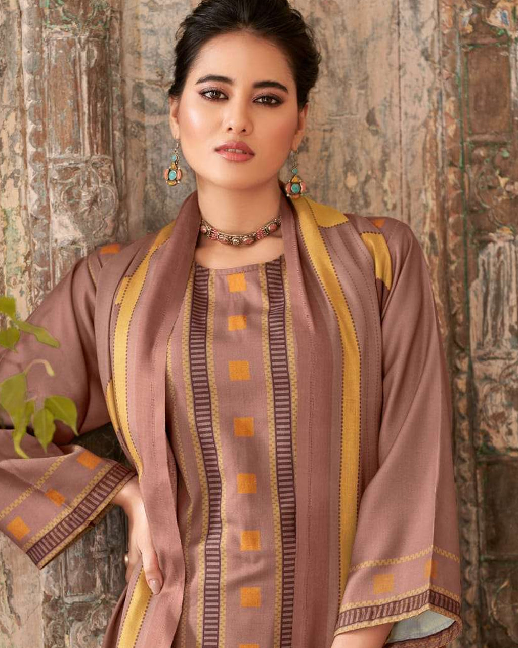 French Beige Digital Printed Pashmina Unstitched Dress Material