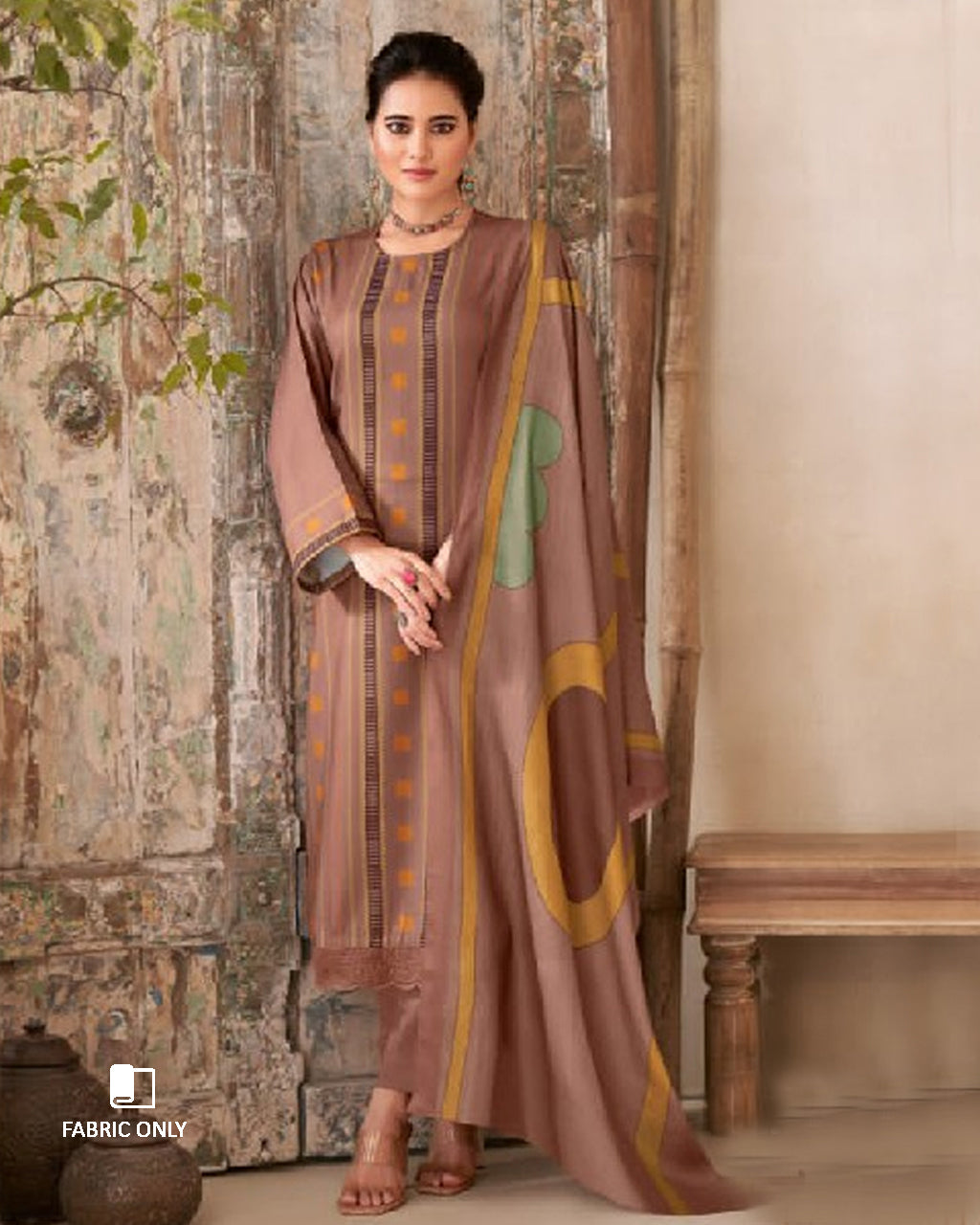 French Beige Digital Printed Pashmina Unstitched Dress Material