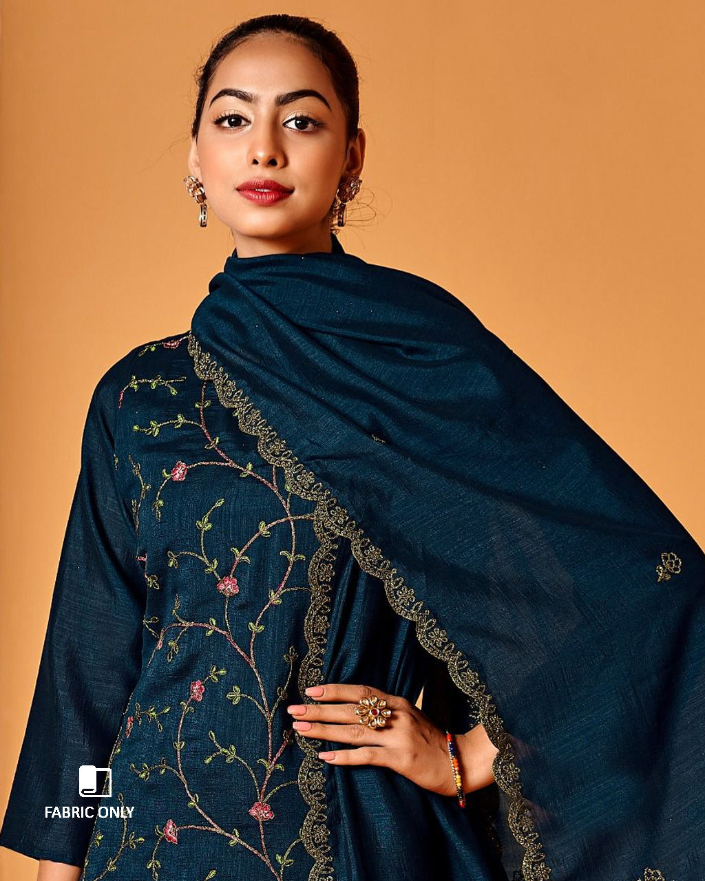 Stellar Explorer Blue Vichitra Silk Kashmiri Work Unstitched Dress Material