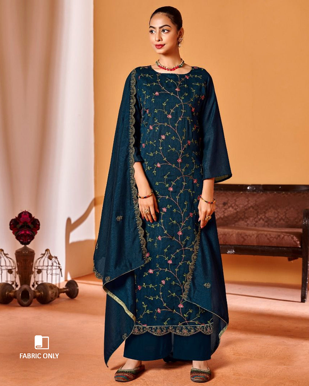 Stellar Explorer Blue Vichitra Silk Kashmiri Work Unstitched Dress Material