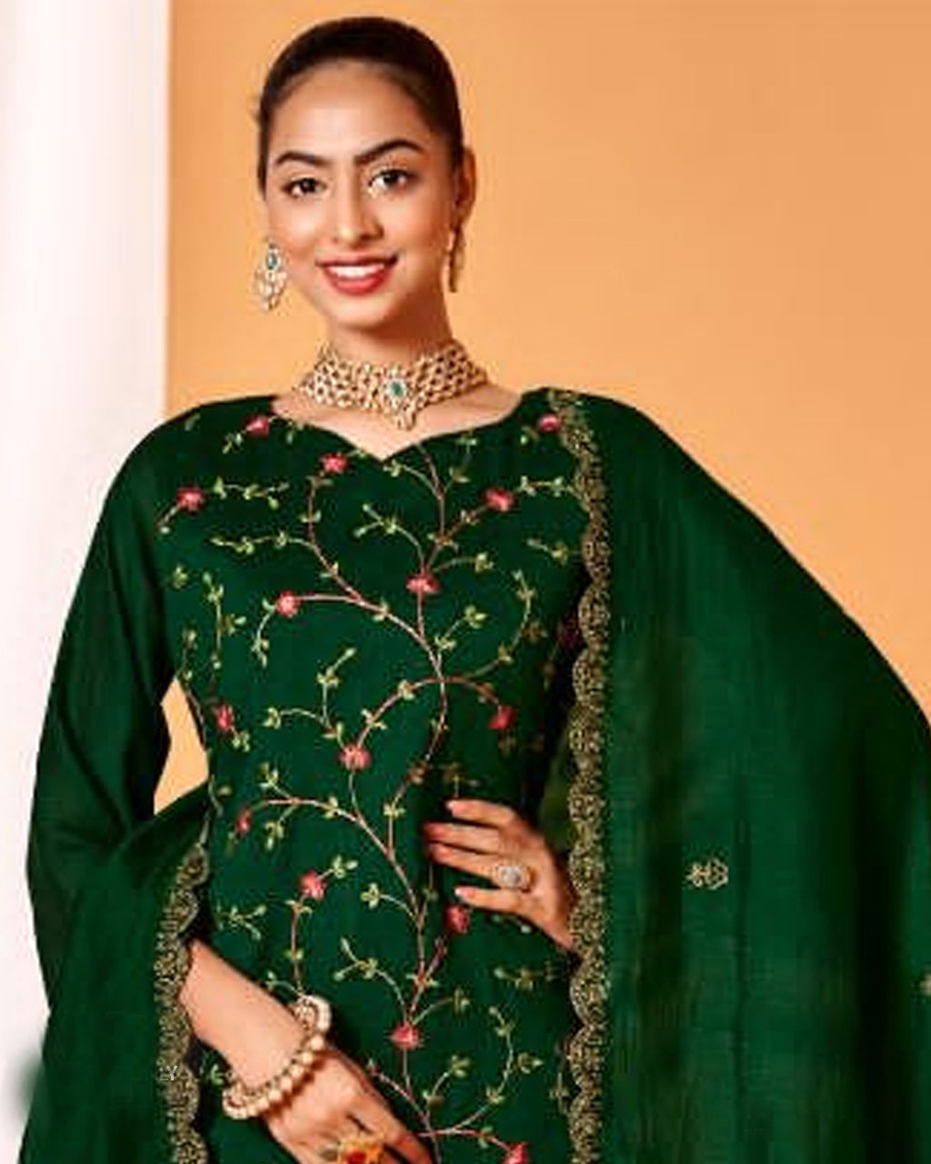 Haunted Forest Green Vichitra Silk Kashmiri Work Unstitched Dress Material