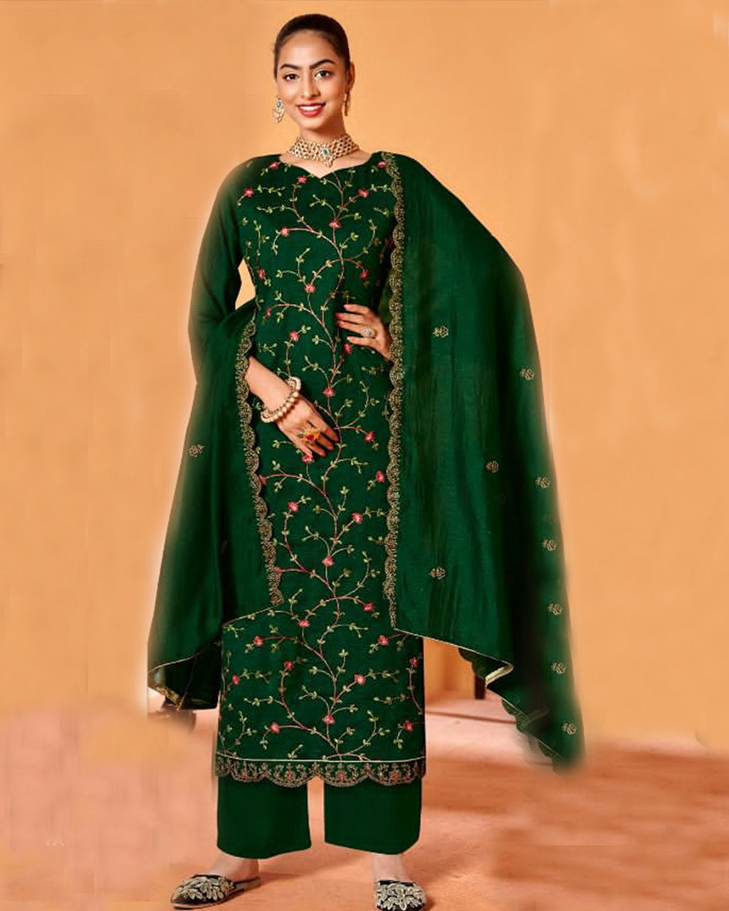 Haunted Forest Green Vichitra Silk Kashmiri Work Regal Heritage