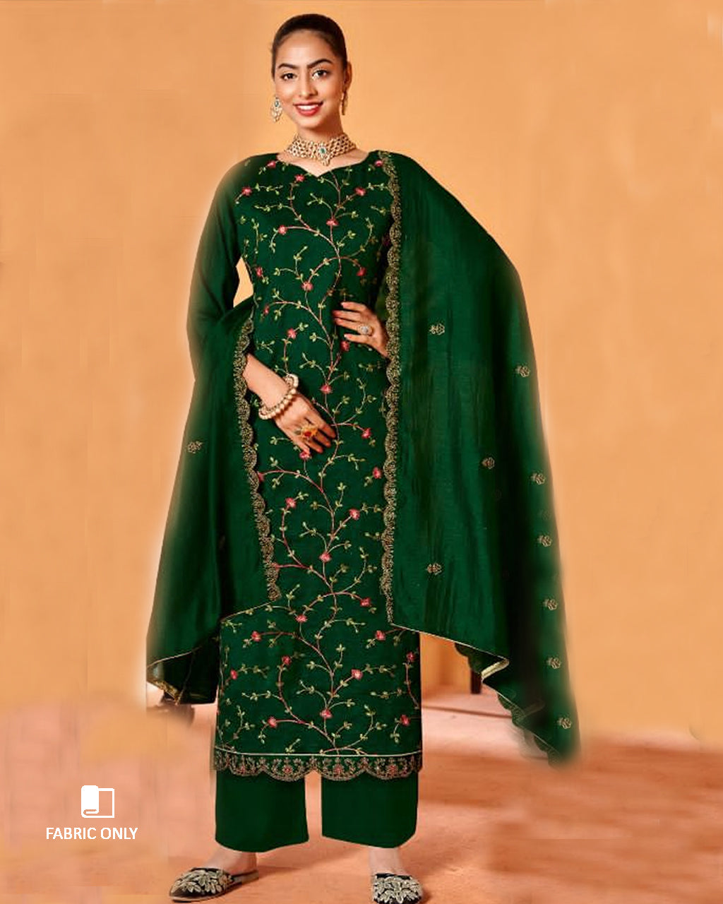 Haunted Forest Green Vichitra Silk Kashmiri Work Unstitched Dress Material