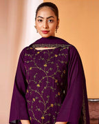 Pion Purple Vichitra Silk Kashmiri Work Unstitched Dress Material