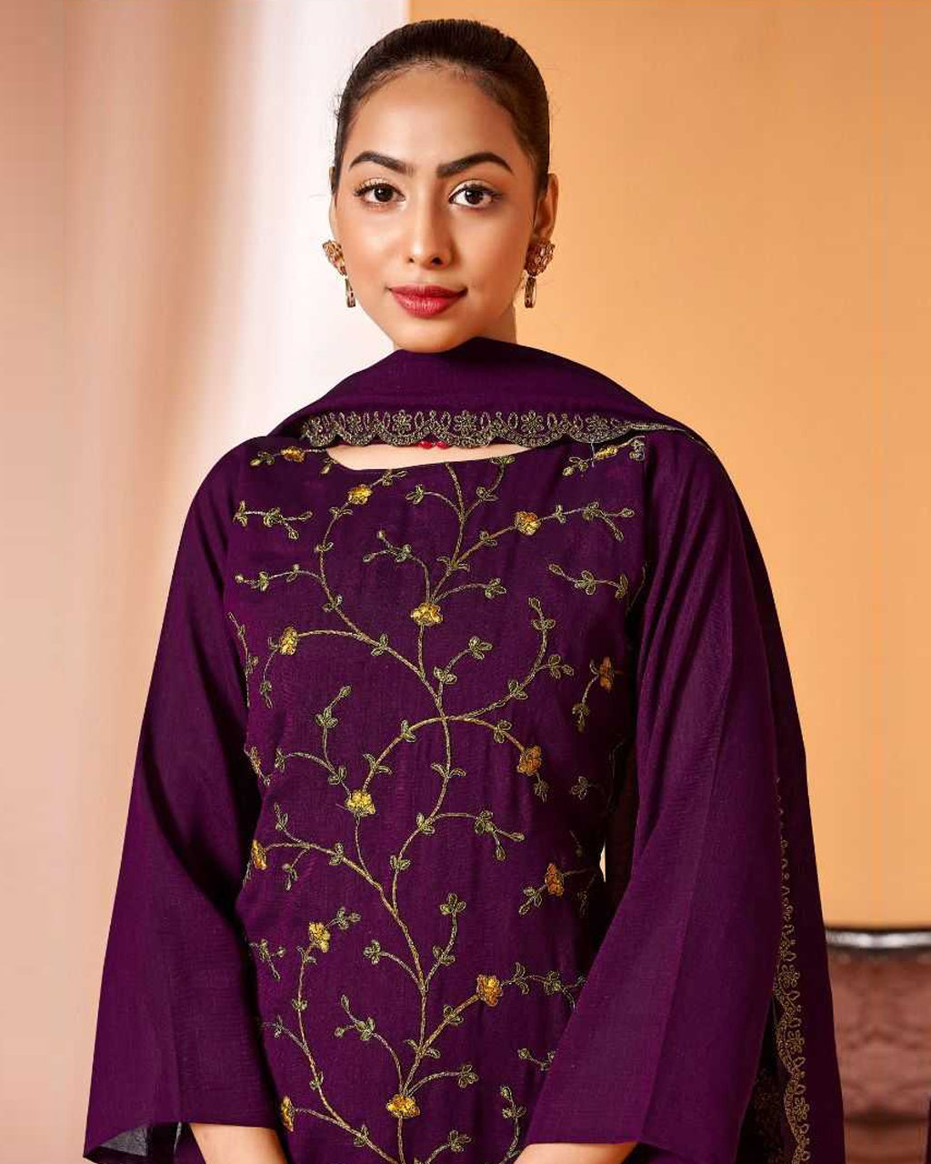Pion Purple Vichitra Silk Kashmiri Work Unstitched Dress Material