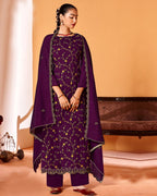 Pion Purple Vichitra Silk Kashmiri Exquisite Craftsmanship Work
