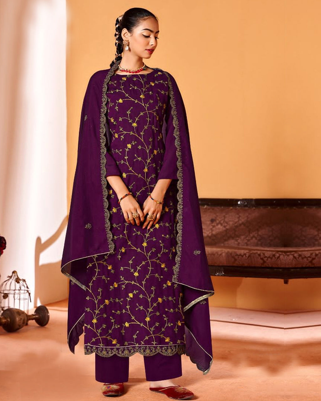 Pion Purple Vichitra Silk Kashmiri Exquisite Craftsmanship Work