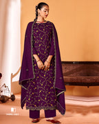 Pion Purple Vichitra Silk Kashmiri Work Unstitched Dress Material