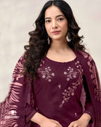 Dark Sanctuary Dark Purple Rayon Fabric With Sequence Embroidery Work And Daman Lace Unstitched Dress Material
