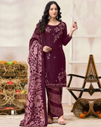 Dark Sanctuary Dark Purple Rayon Fabric With Sequence Embroidery Work And Daman Lace Unstitched Dress Material