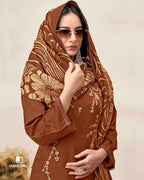 Cumin Brown Rayon Fabric With Sequence Embroidery Work And Daman Lace Unstitched Dress Material