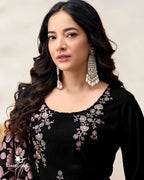 Midnight Moss Black Rayon Fabric With Sequence Embroidery Work And Daman Lace Unstitched Dress Material