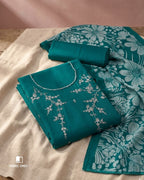 Kingfisher Bright Blue Rayon Fabric With Sequence Embroidery Work And Daman Lace Breathable Rayon