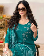 Kingfisher Bright Blue Rayon Fabric With Sequence Embroidery Work And Daman Lace Unstitched Dress Material