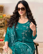 Kingfisher Bright Blue Rayon Fabric With Sequence Embroidery Work And Daman Lace Breathable Rayon