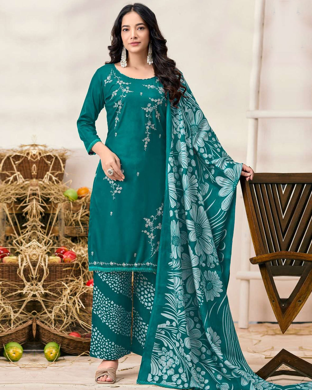 Kingfisher Bright Blue Rayon Fabric With Sequence Embroidery Work And Daman Lace Breathable Rayon