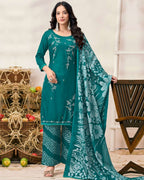 Kingfisher Bright Blue Rayon Fabric With Sequence Embroidery Work And Daman Lace Breathable Rayon