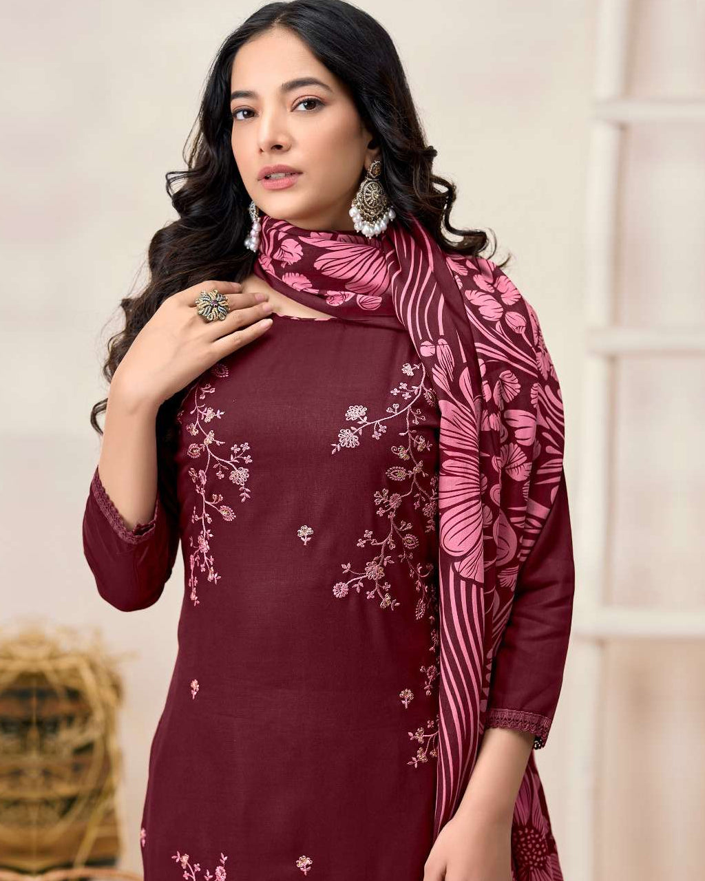 Maroon Oak Rayon Fabric With Sequence Embroidery Work And Daman Lace Perfect Blend