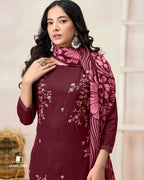 Maroon Oak Rayon Fabric With Sequence Embroidery Work And Daman Lace Unstitched Dress Material