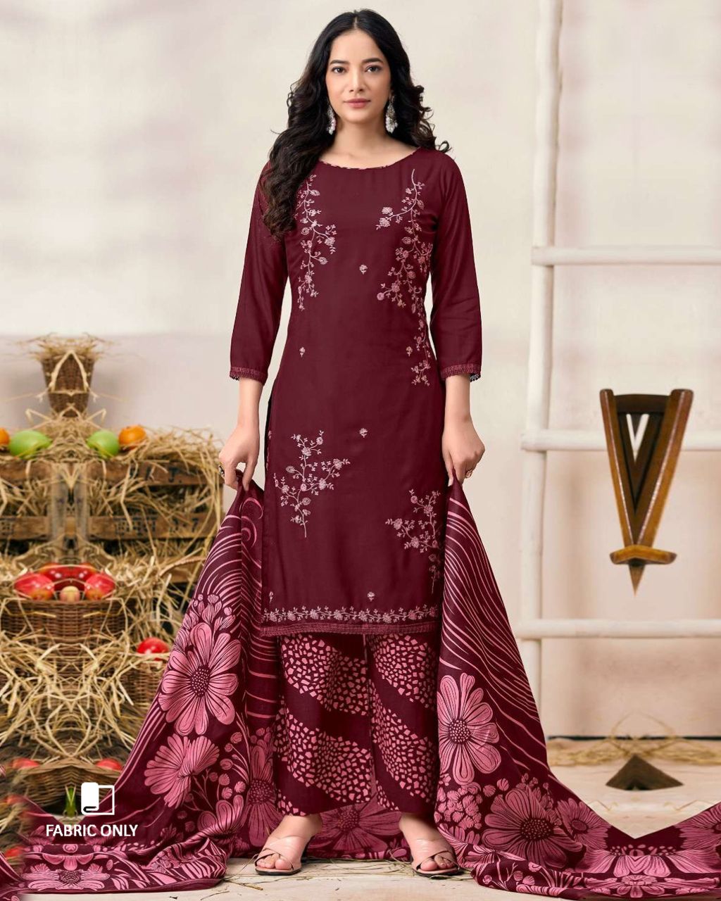 Maroon Oak Rayon Fabric With Sequence Embroidery Work And Daman Lace Unstitched Dress Material