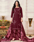 Maroon Oak Rayon Fabric With Sequence Embroidery Work And Daman Lace Unstitched Dress Material