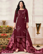 Maroon Oak Rayon Fabric With Sequence Embroidery Work And Daman Lace Perfect Blend